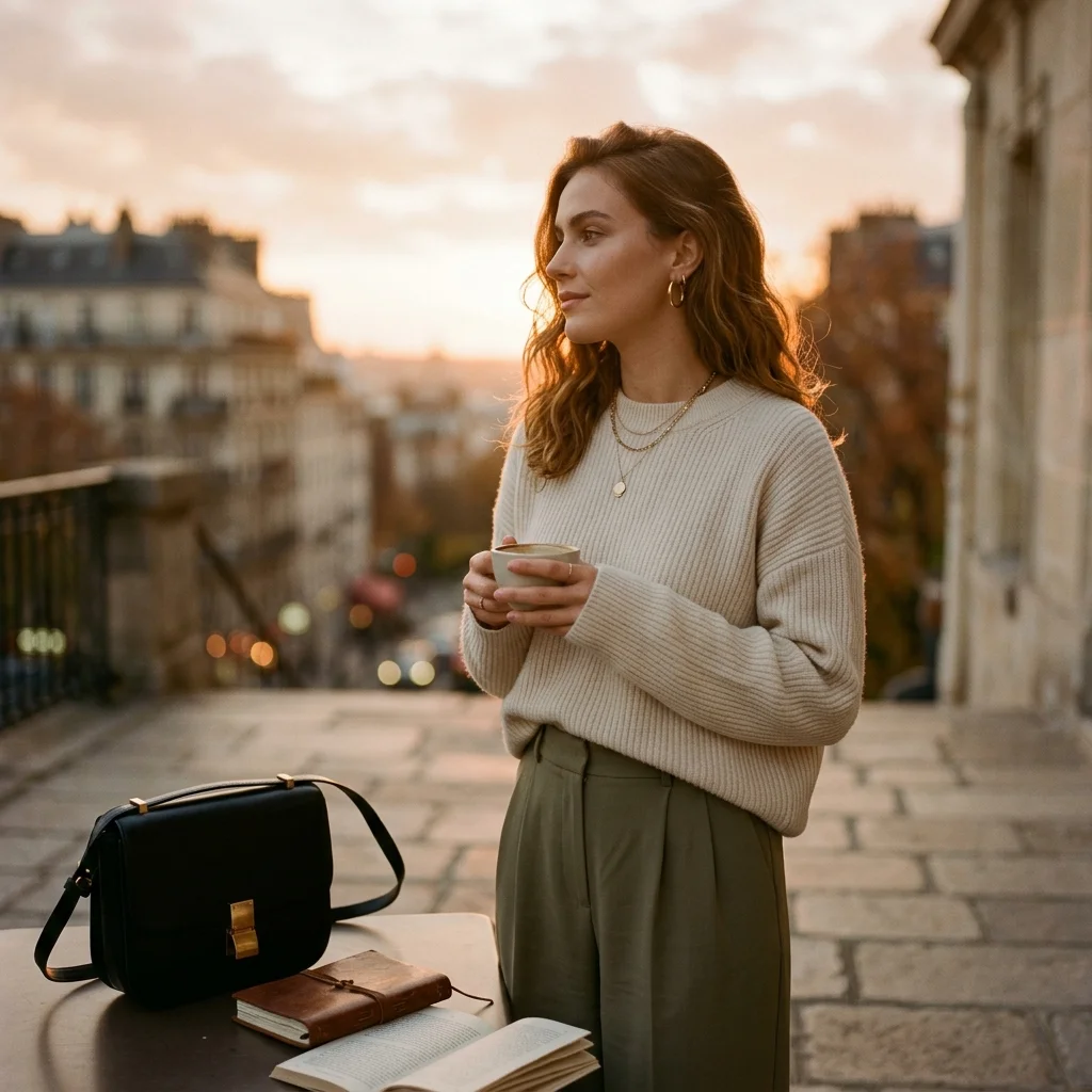 A lifestyle portrait in warm evening light with a cohesive, muted color palette